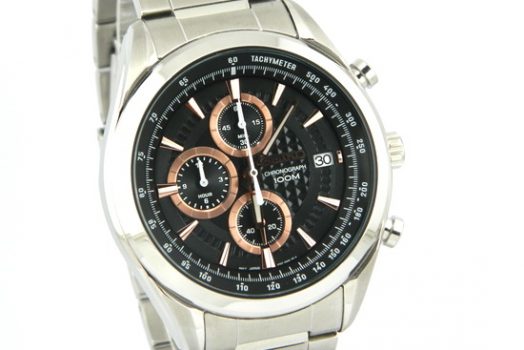 SEIKO SSB199P1 chronograph black textured dial men’s wrist watch with date & Tachymeter on edges of dial