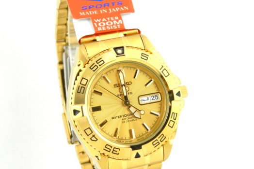 SEIKO SNZB26J1 automatic golden dial men’s wrist watch with day in multiple languages and date Golden dial, bracelet & case