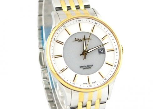 Rhythm earth saver white dial men’s wrist watch with date two tone bracelet & case