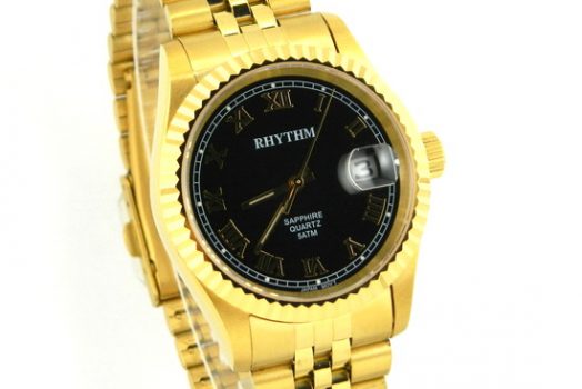 Rhythm RS1605S06 black dial men’s wrist watch with date golden bracelet & case