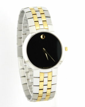 Movado wrist watch for men in black dial and two tone bracelet